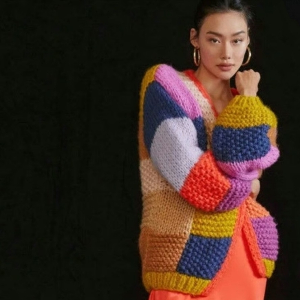 Anthropologie Entro Patchwork Knit Cardigan - Chunky Cozy Sweater - Size S - Picture 3 of 10